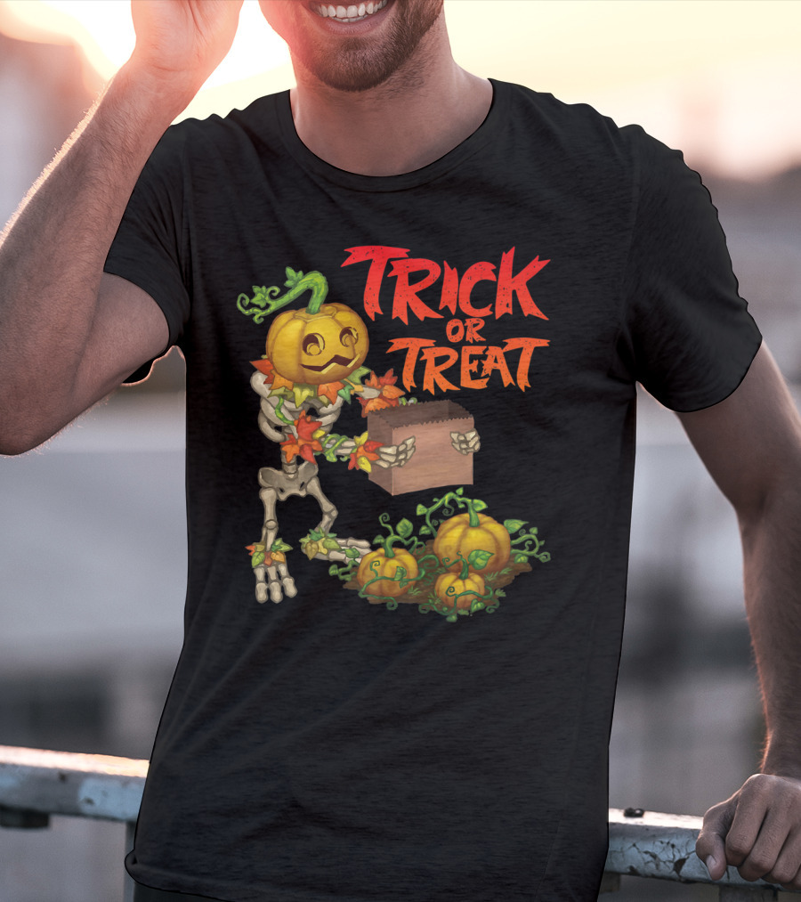 Trick Or Treat Punkleton Skeleton With Pumpkins And Candy Box T-Shirt