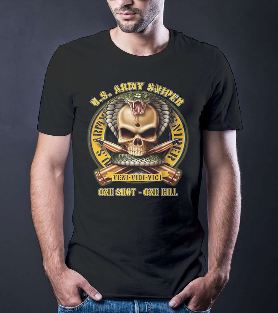 U.S. Army Sniper Veni Vidi Vici One Shot One Kill Skull Snake Badge T-Shirt