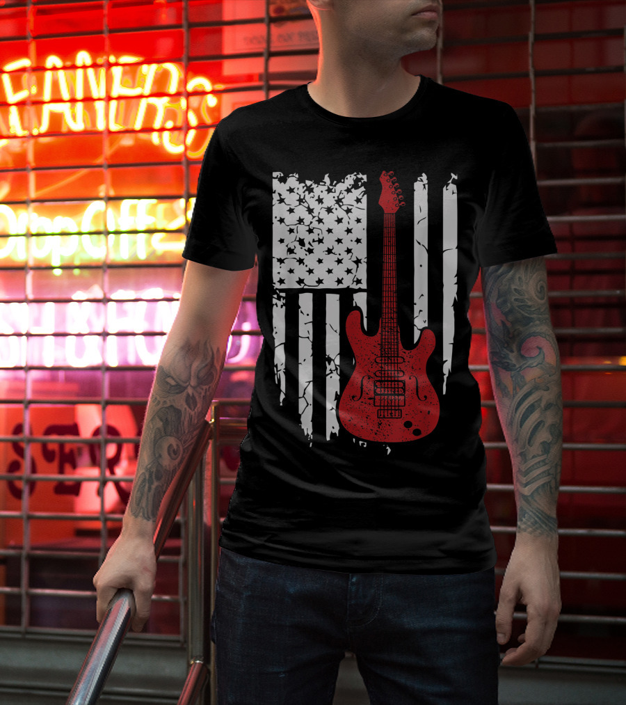 Usa American Flag Guitar Musician Guitars Red Electric Vintage Grunge T-Shirt