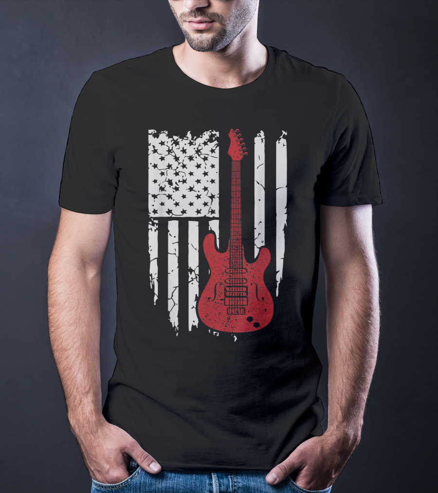 Usa American Flag Guitar Musician Guitars Red Electric Vintage Grunge T-Shirt