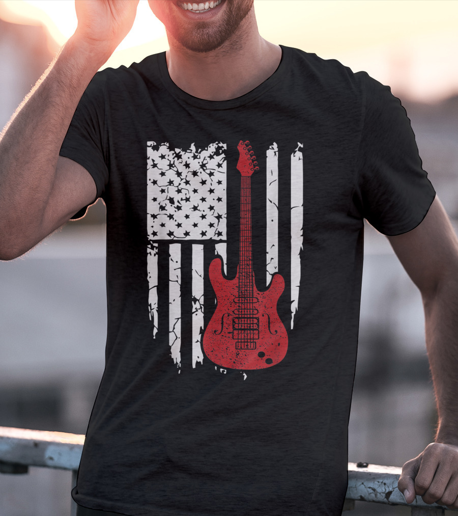 Usa American Flag Guitar Musician Guitars Red Electric Vintage Grunge T-Shirt