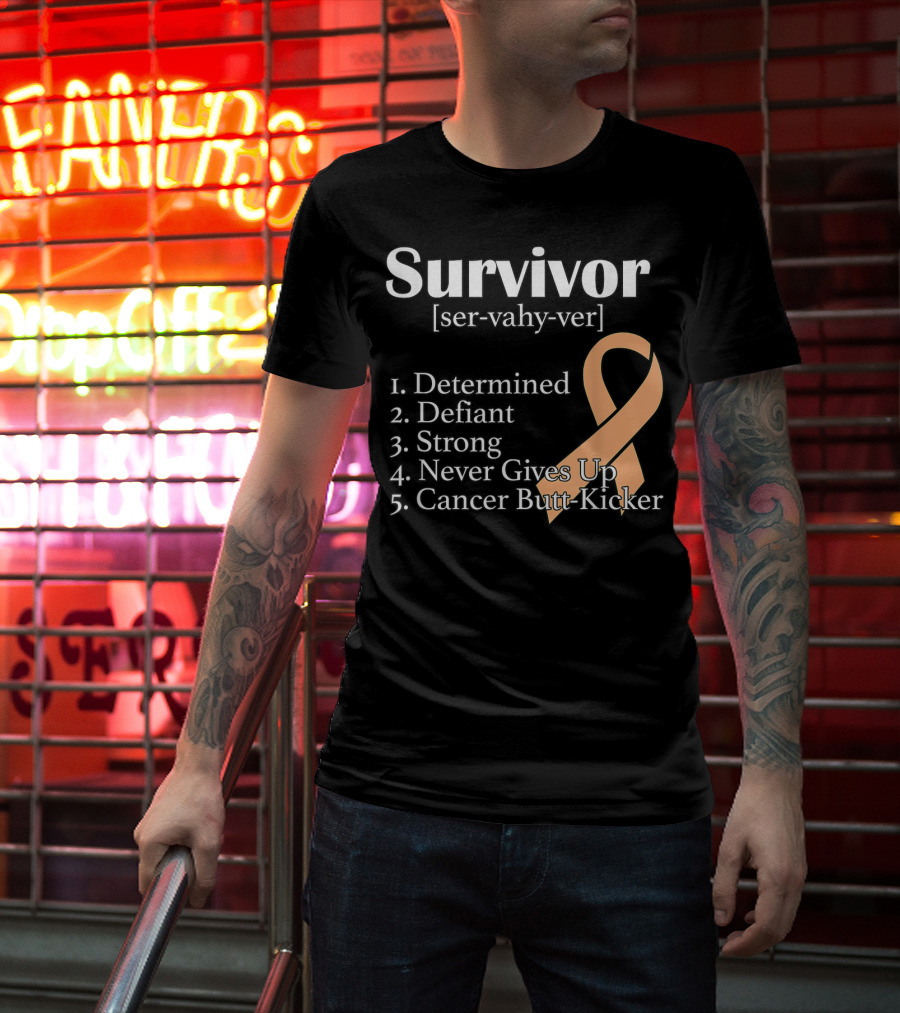 Survivor Definition Determined Defiant Strong Never Gives Up Cancer Butt-Kicker Peach T-Shirt