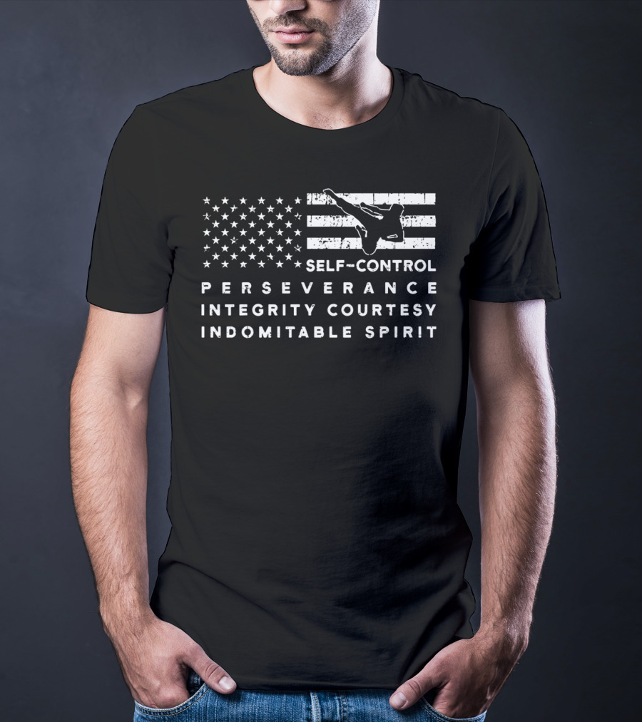 Vintage American Flag Taekwondo Self-Control Perseverance Integrity Courtesy Indomitable Spirit T-Shirt