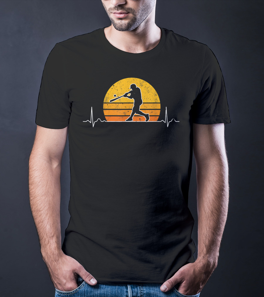 Vintage Baseball Player Heartbeat Sunset Scene T-Shirt