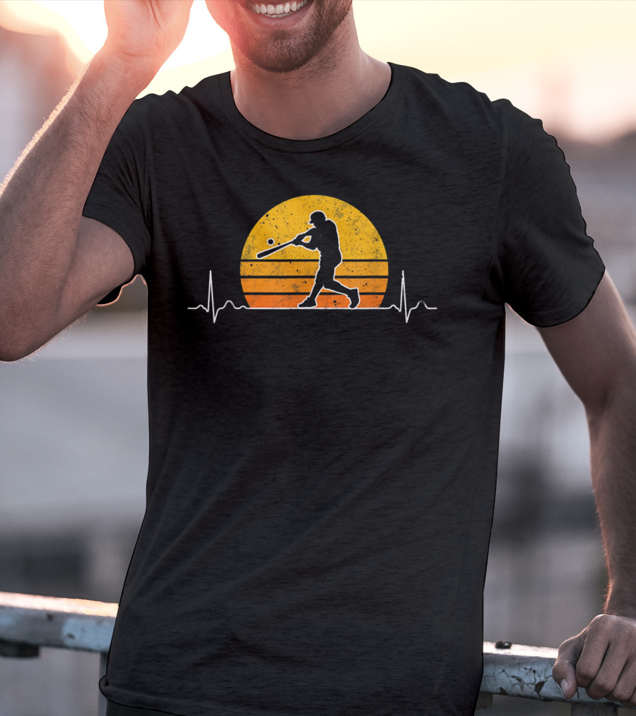 Vintage Baseball Player Heartbeat Sunset Scene T-Shirt