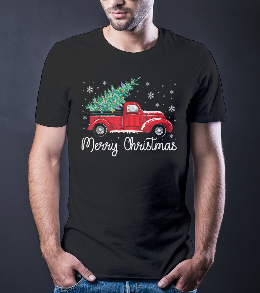 Vintage Red Truck With Christmas Tree And Merry Christmas Snowflakes T-Shirt