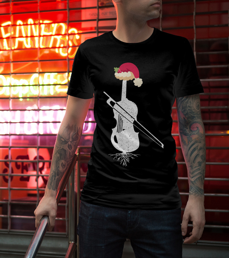 Violin Santa Hat Christmas Tree Vintage Style Holiday Decor T-Shirt