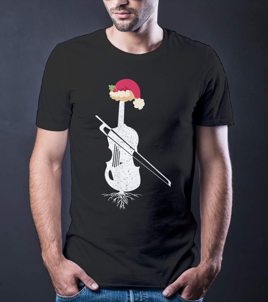 Violin Santa Hat Christmas Tree Vintage Style Holiday Decor T-Shirt