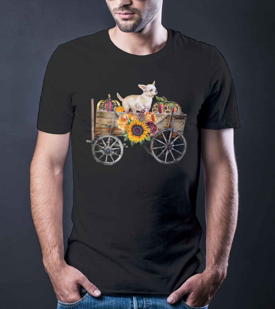 White Chihuahua In Wagon With Pumpkin And Sunflower T-Shirt