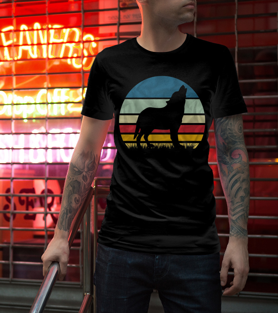 Retro Wolf Silhouette Vintage Sunset Stripes T-Shirt