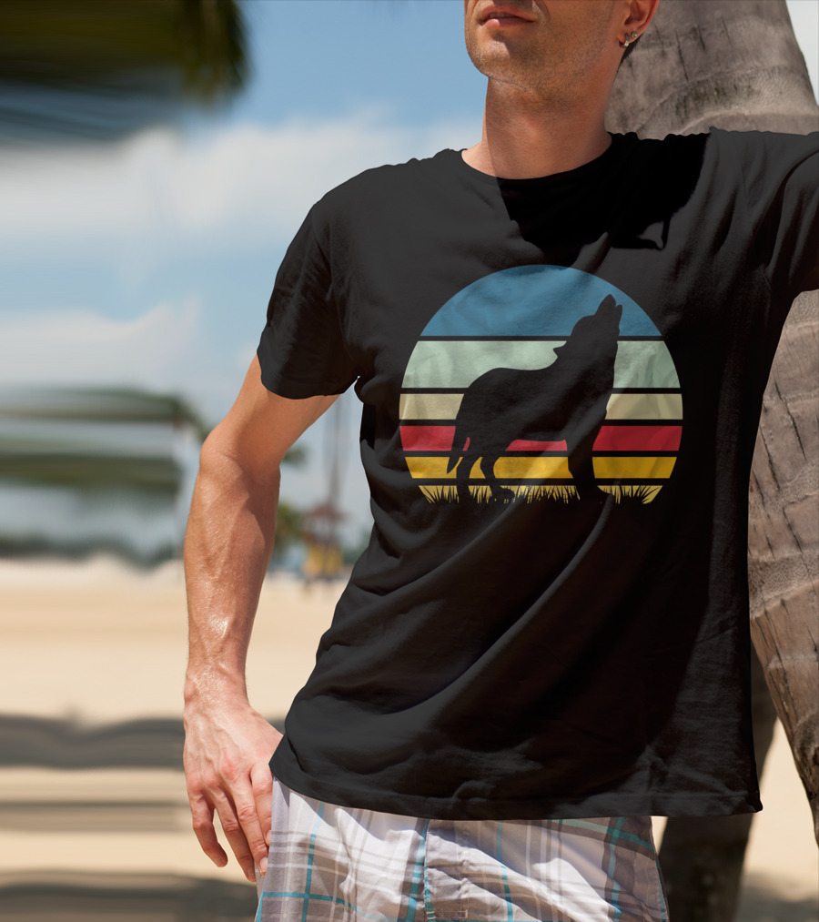 Retro Wolf Silhouette Vintage Sunset Stripes T-Shirt