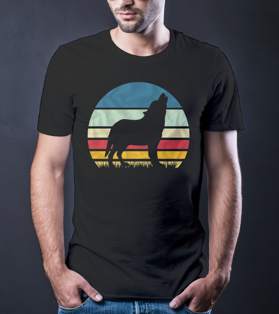 Retro Wolf Silhouette Vintage Sunset Stripes T-Shirt