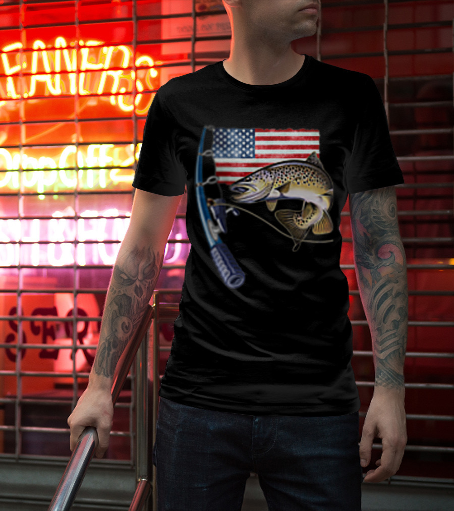 Fishing Hooked On A Feeling American Flag Rod Fish T-Shirt