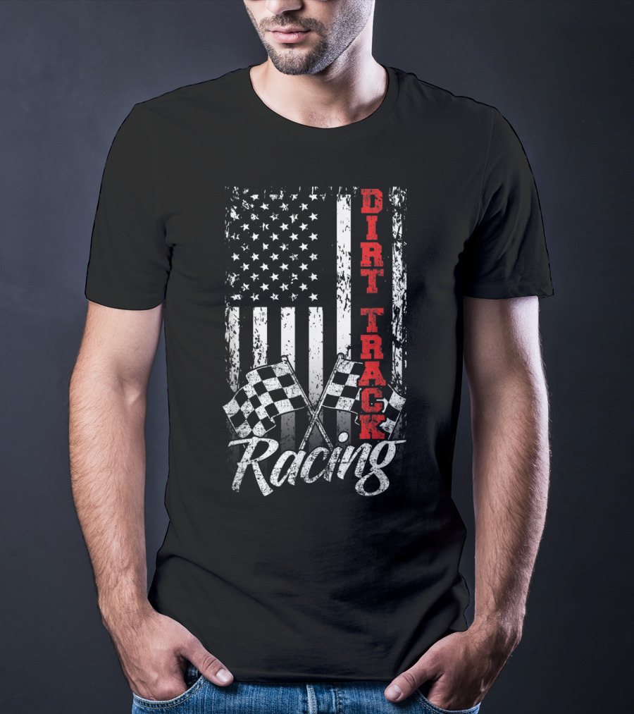Dirt Track Racing American Flag With Checkered Flags T-Shirt
