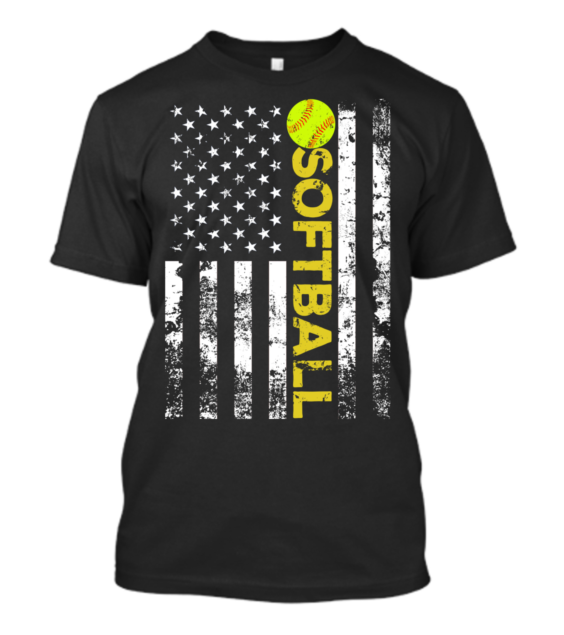 American Flag Softball Vertical Text With Yellow Softball T-Shirt