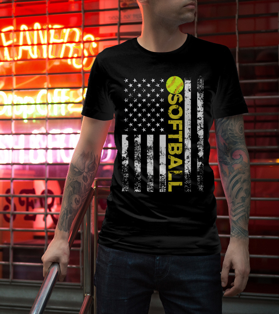 American Flag Softball Vertical Text With Yellow Softball T-Shirt