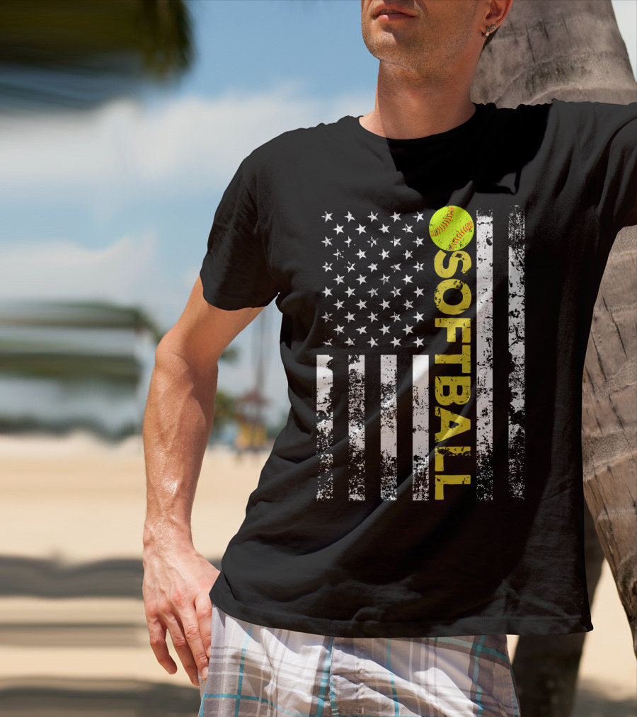 American Flag Softball Vertical Text With Yellow Softball T-Shirt