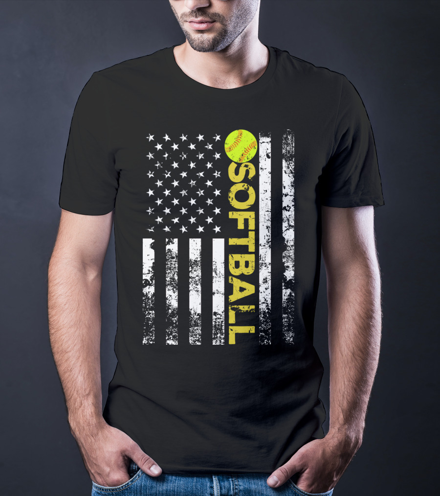 American Flag Softball Vertical Text With Yellow Softball T-Shirt