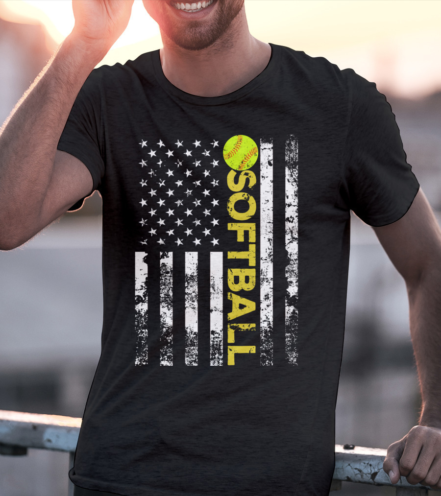 American Flag Softball Vertical Text With Yellow Softball T-Shirt