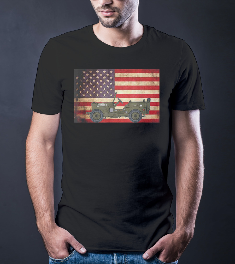American USA Flag Willys Jeep WW2 Military Army Vehicle Stars And Stripes Vintage Retro Iconic T-Shirt