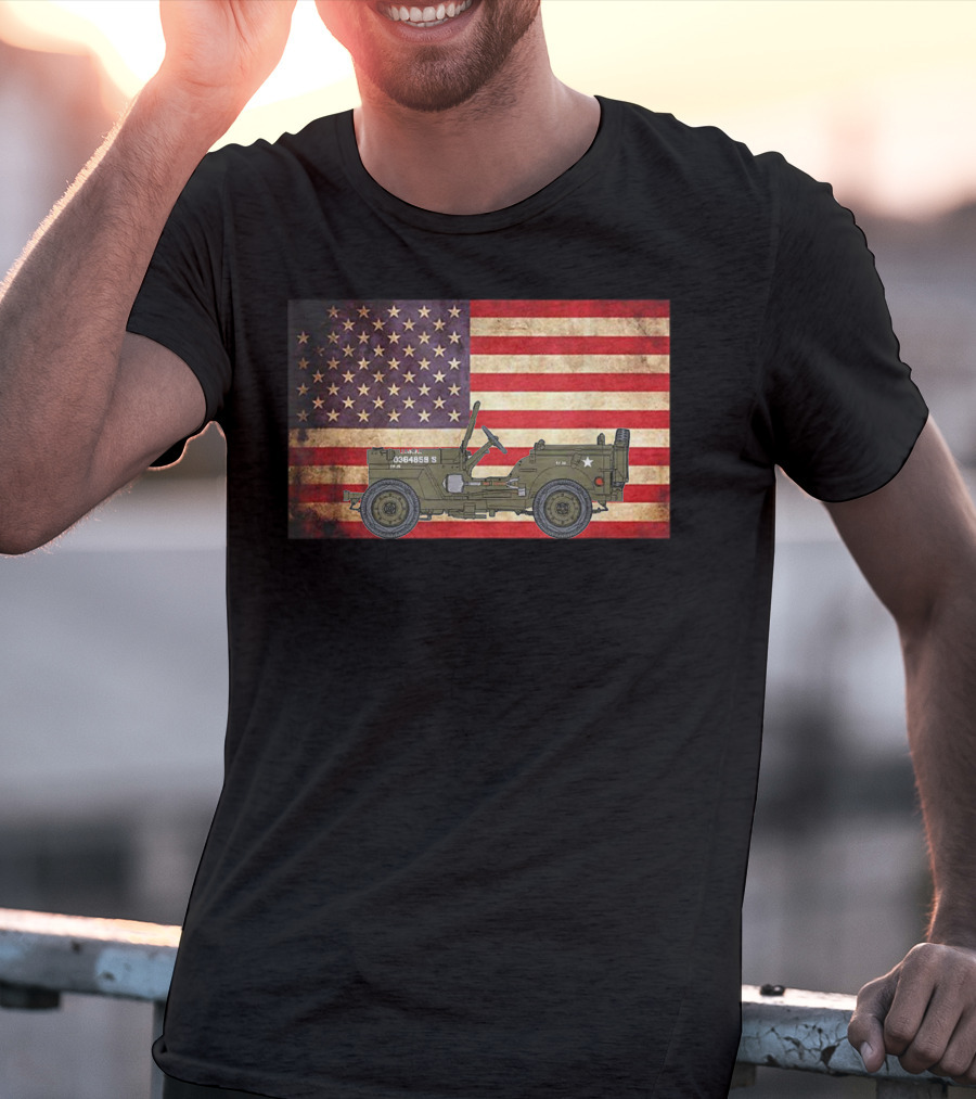 American USA Flag Willys Jeep WW2 Military Army Vehicle Stars And Stripes Vintage Retro Iconic T-Shirt