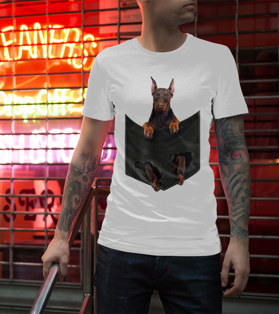 Doberman Pinscher Peeking From Ripped Pocket T-Shirt