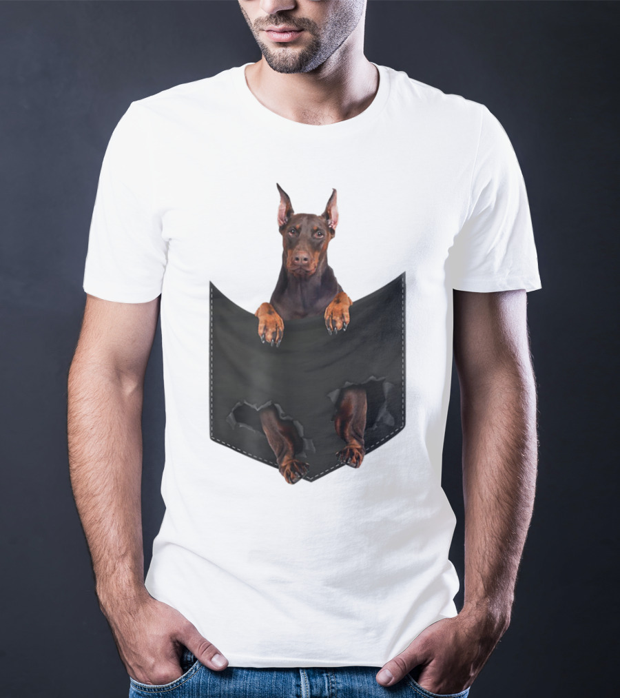 Doberman Pinscher Peeking From Ripped Pocket T-Shirt