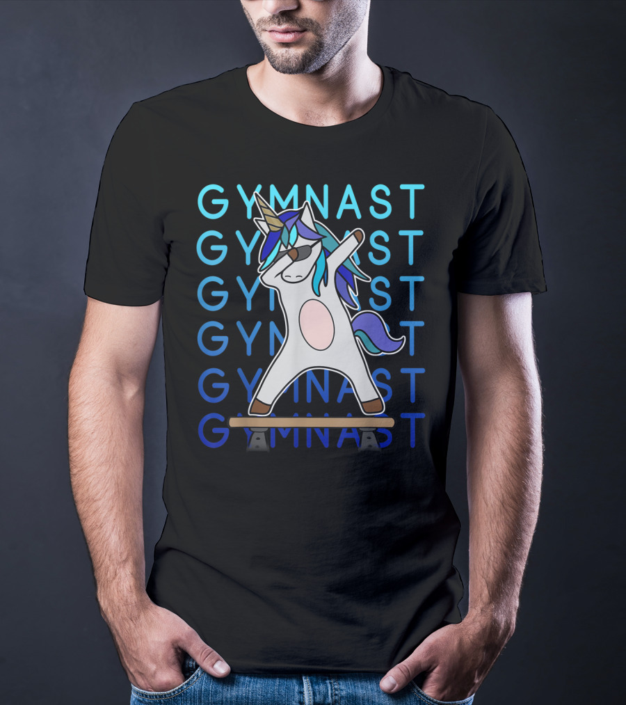 Gymnast Dabbing Unicorn With Blue Mane On Balance Beam For Girls Gymnastics T-Shirt