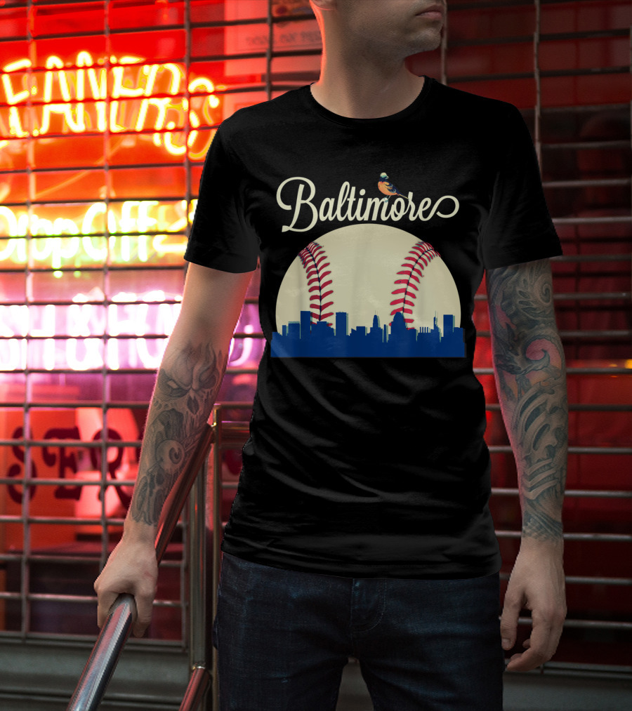 Baltimore Skyline With Baseball And Oriole Bird T-Shirt