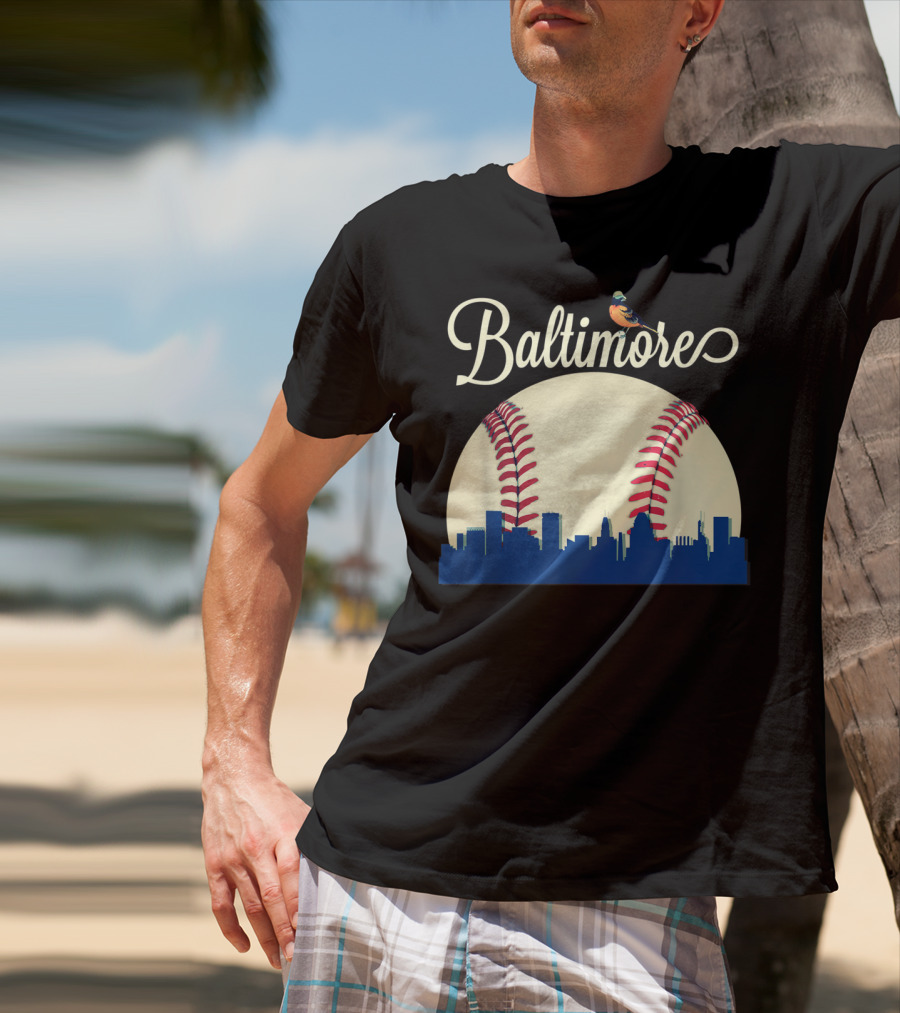 Baltimore Skyline With Baseball And Oriole Bird T-Shirt