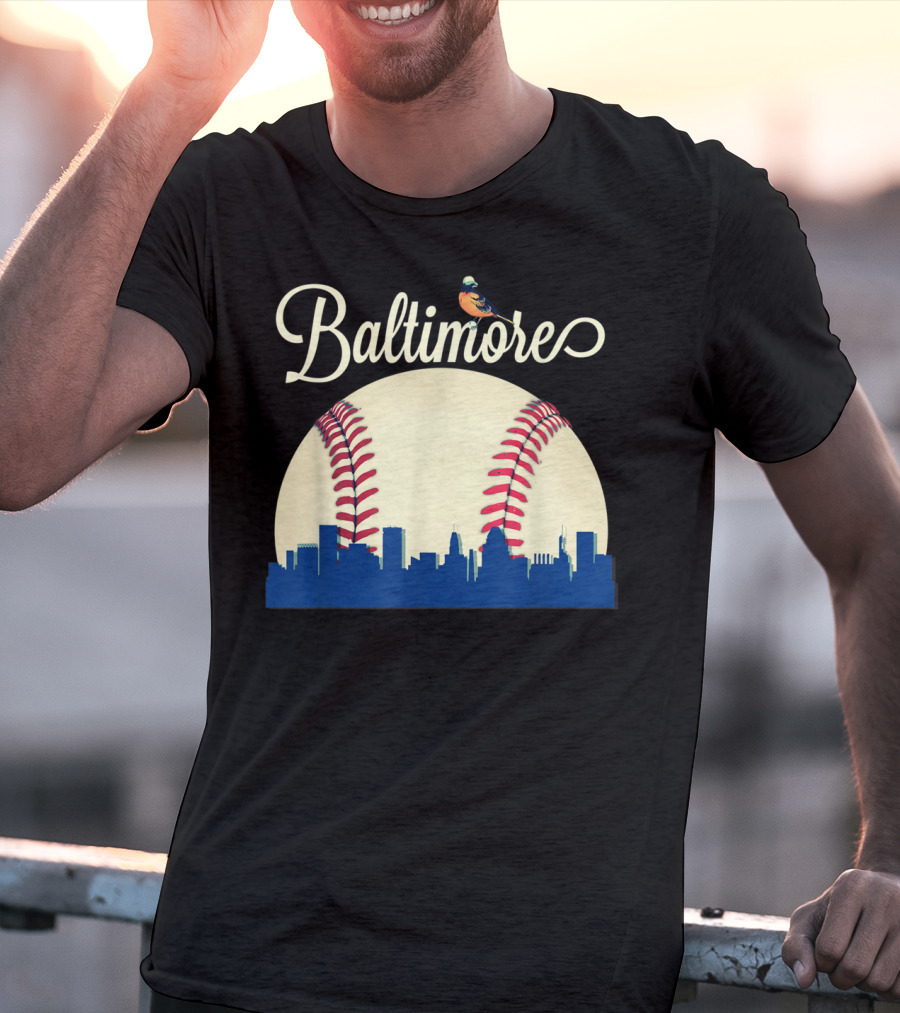 Baltimore Skyline With Baseball And Oriole Bird T-Shirt