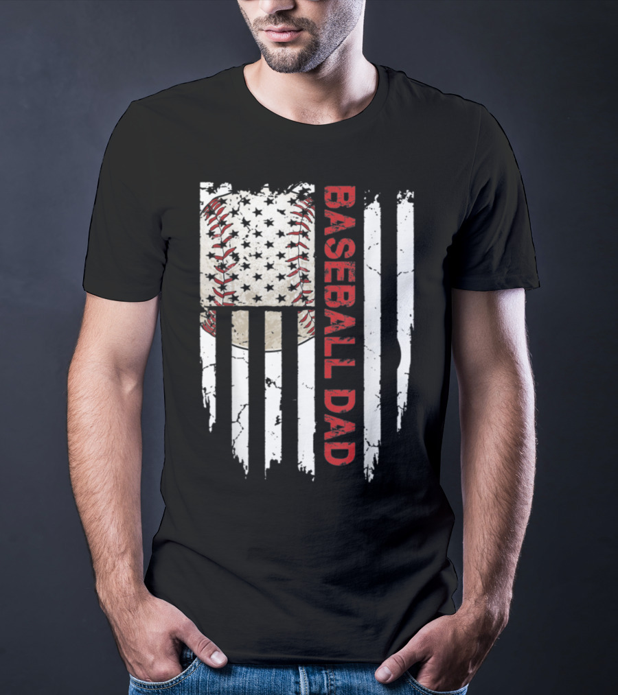 Baseball Dad American Flag Patriotic Stars Stripes Sports Enthusiast T-Shirt