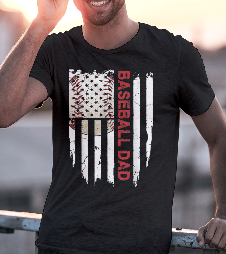 Baseball Dad American Flag Patriotic Stars Stripes Sports Enthusiast T-Shirt