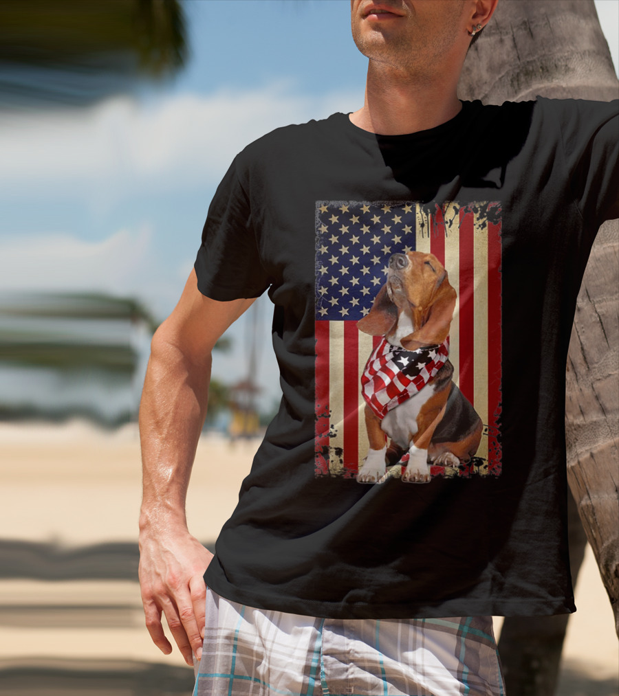 Basset Hound With American Flag Scarf Against USA Flag Background T-Shirt