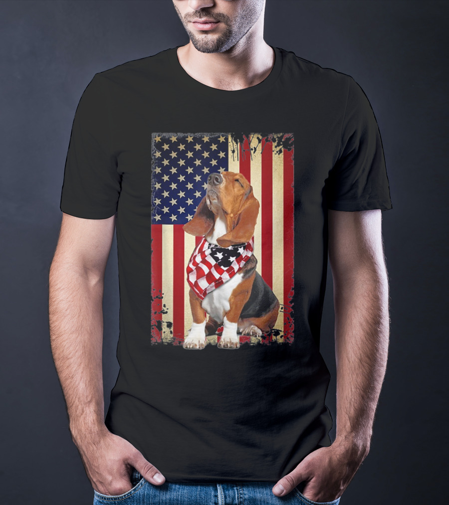 Basset Hound With American Flag Scarf Against USA Flag Background T-Shirt