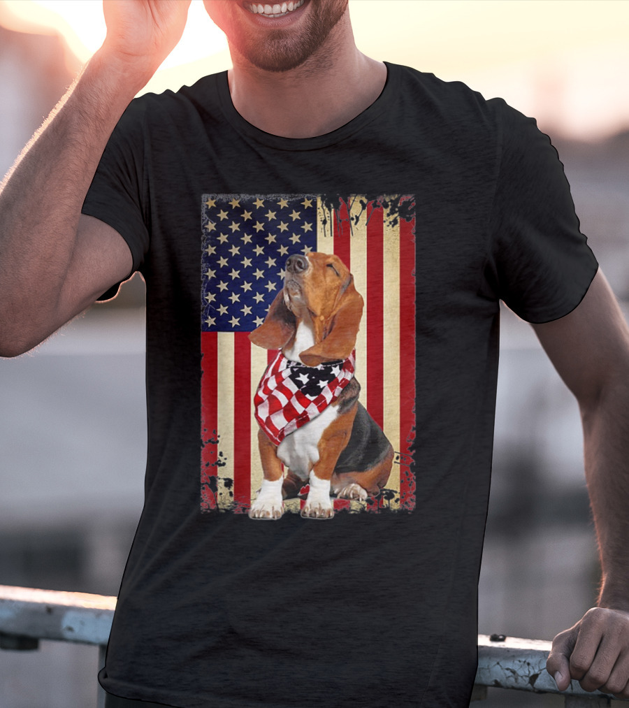 Basset Hound With American Flag Scarf Against USA Flag Background T-Shirt