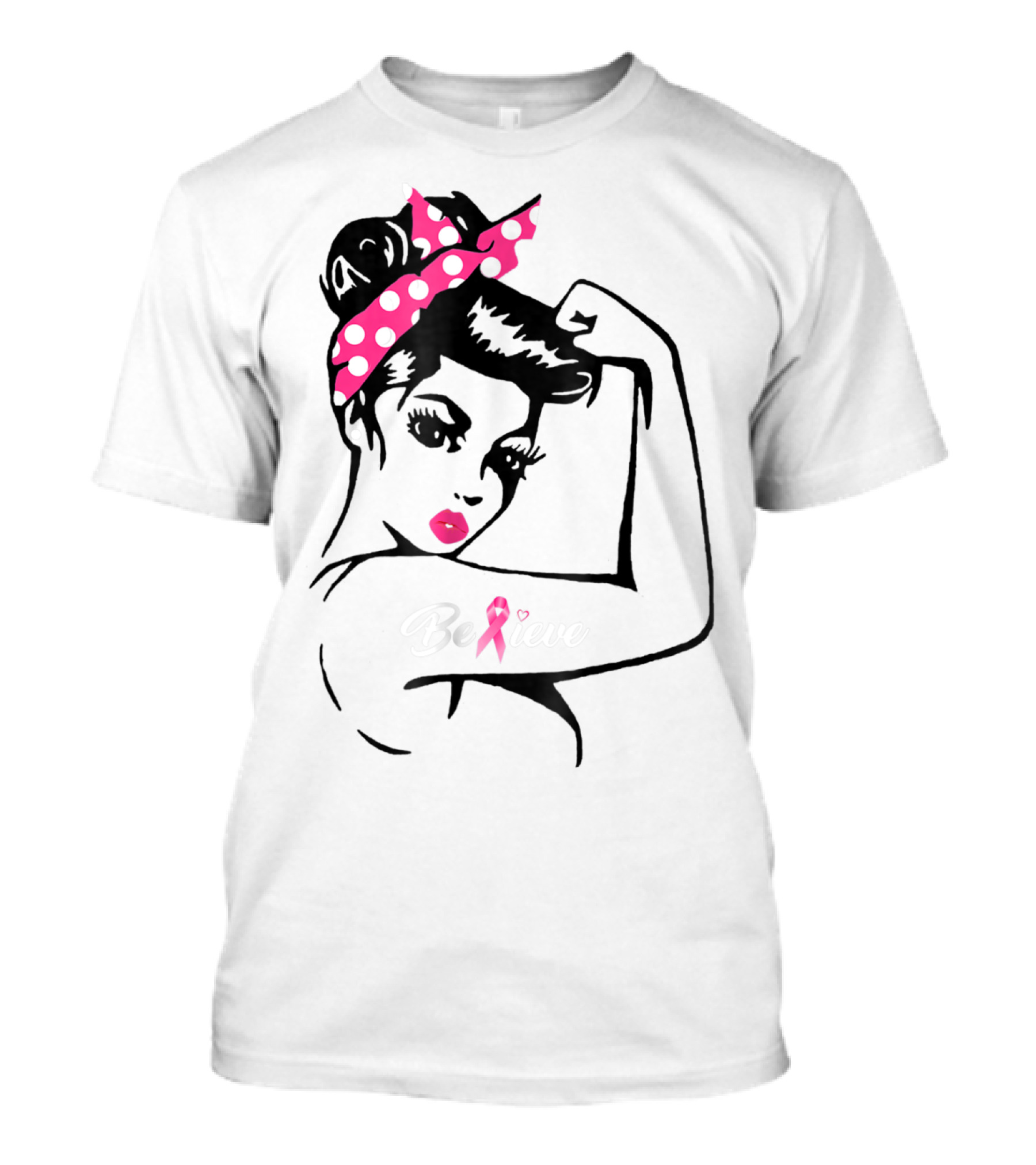 Breast Cancer Warrior Believe Support Awareness With Pink Ribbon And Polka Dot Rosie Bandana T-Shirt