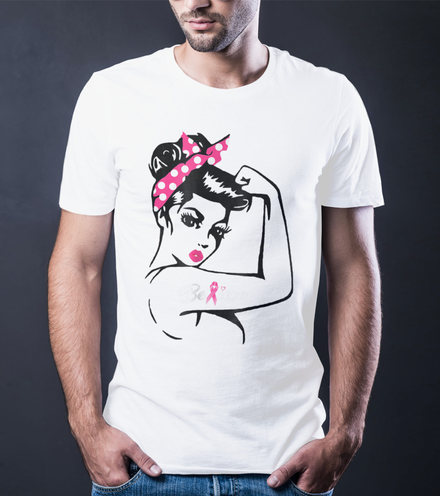 Breast Cancer Warrior Believe Support Awareness With Pink Ribbon And Polka Dot Rosie Bandana T-Shirt