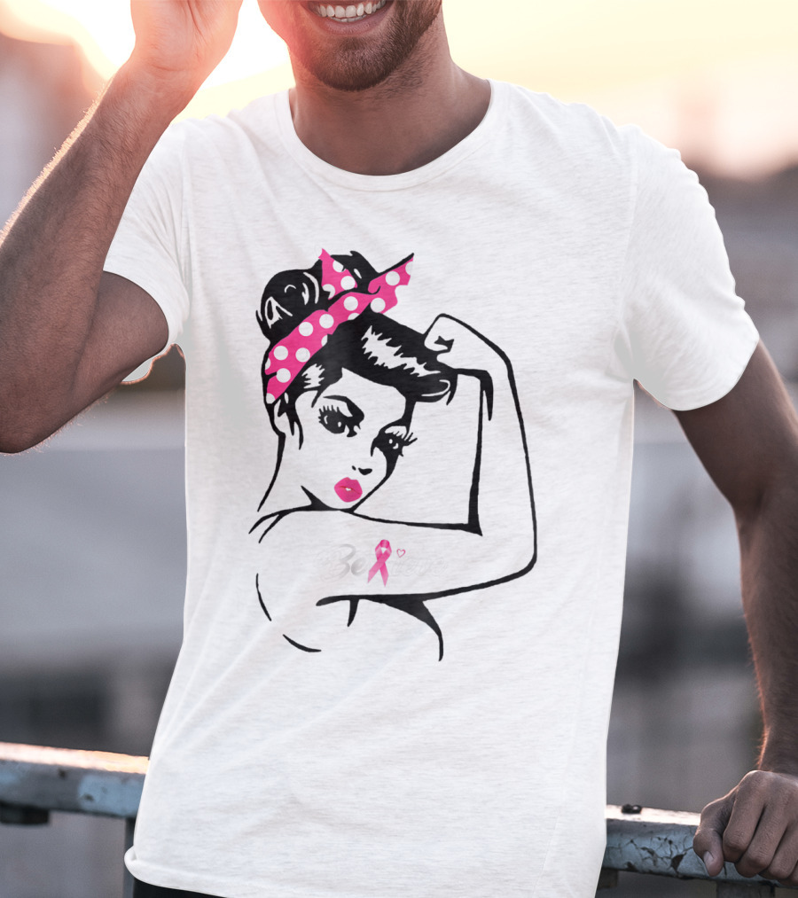 Breast Cancer Warrior Believe Support Awareness With Pink Ribbon And Polka Dot Rosie Bandana T-Shirt