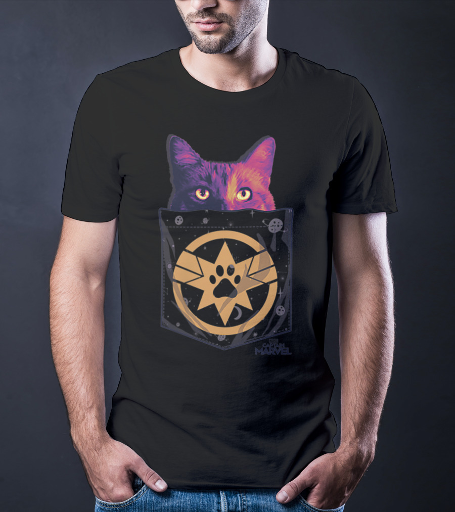 Captain Marvel Goose Paw Print Cosmic Pocket Cat T-Shirt