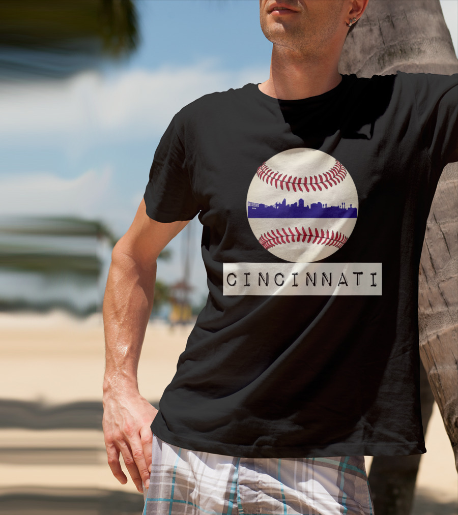 Cincinnati Skyline On Baseball With Red Stitches T-Shirt