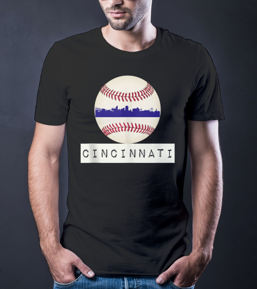 Cincinnati Skyline On Baseball With Red Stitches T-Shirt