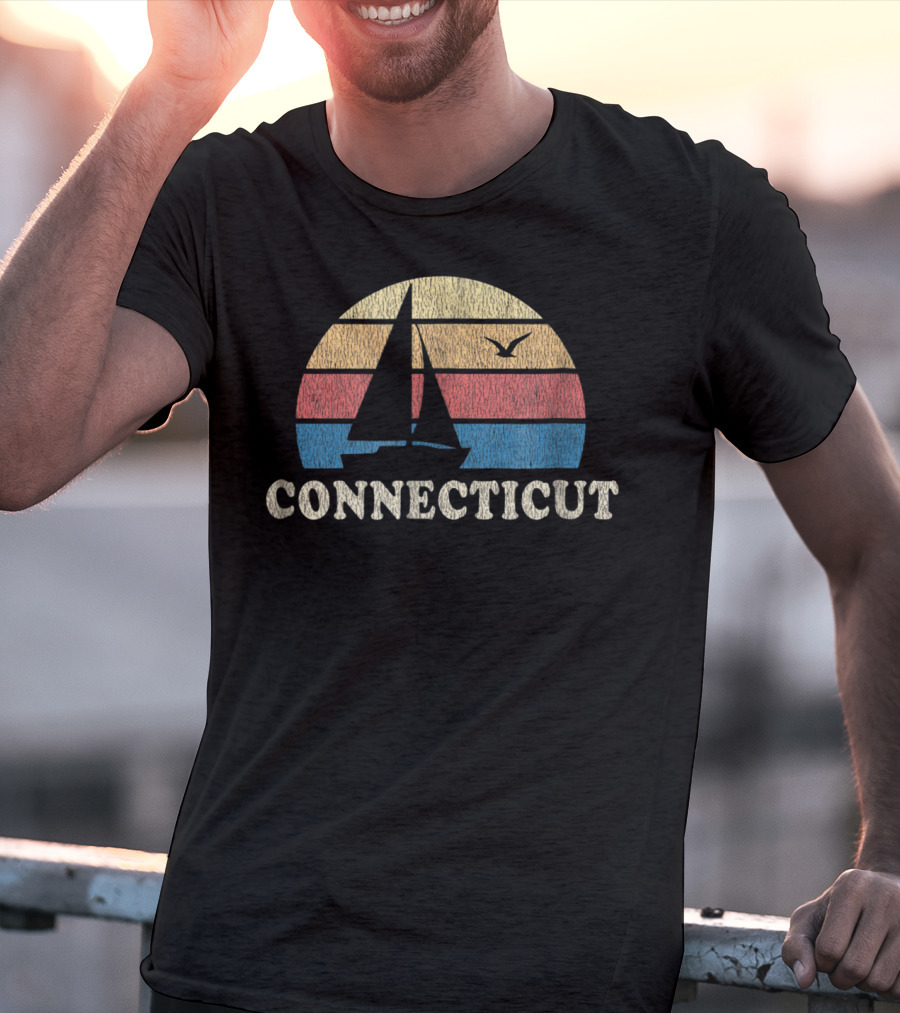 Connecticut 70s Vintage Sailboat Sunset Throwback T-Shirt