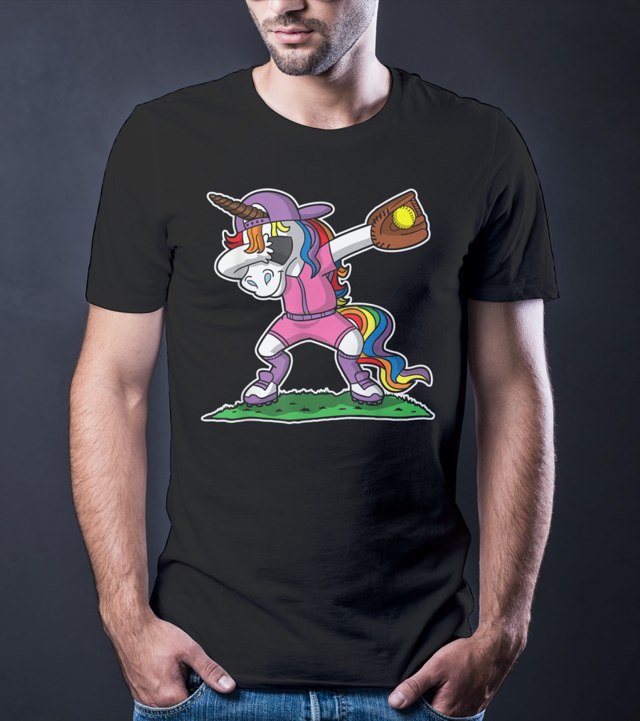 Dabbing Unicorn In Pink Softball Outfit With Glove And Ball T-Shirt