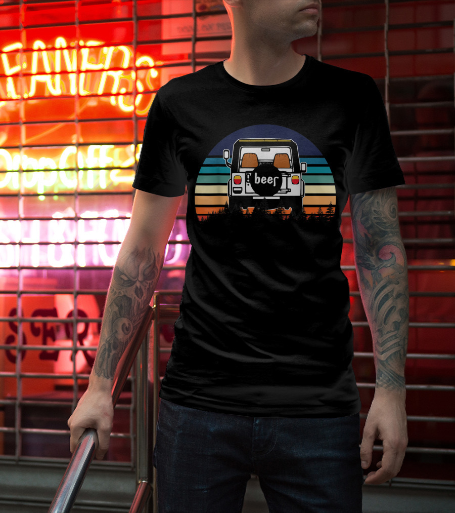 Funny Beer Jeeps Vintage Sunset Retro Stripess T-Shirt
