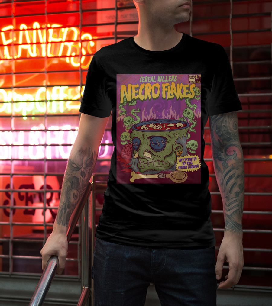 Cereal Killers Necro Flakes Witchcrafted By Real Voodoo Shaman Monster Food Horror Fans Nerds T-Shirt