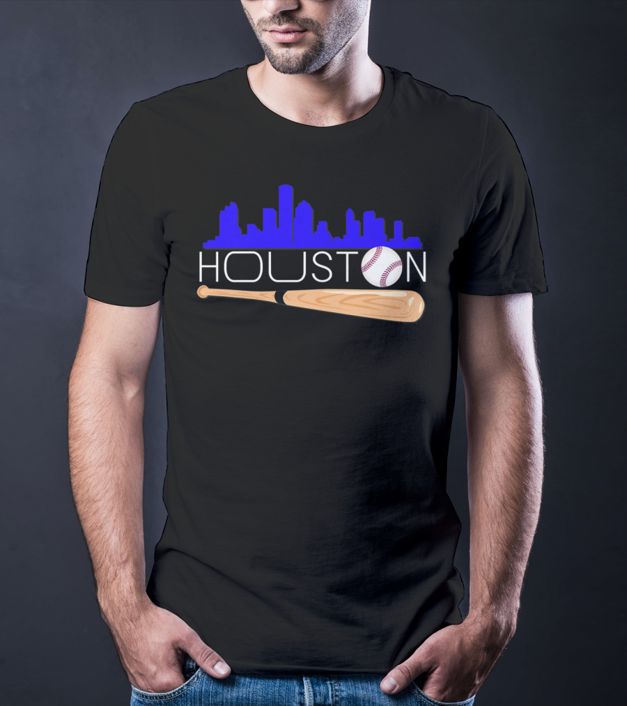 Houston Baseball Astro Font Skyline With Bat And Ball T-Shirt