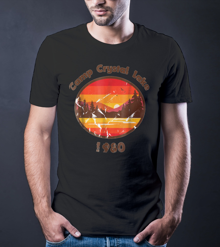 Camp Crystal Lake 1980 Retro Sunset Forest Scene T-Shirt