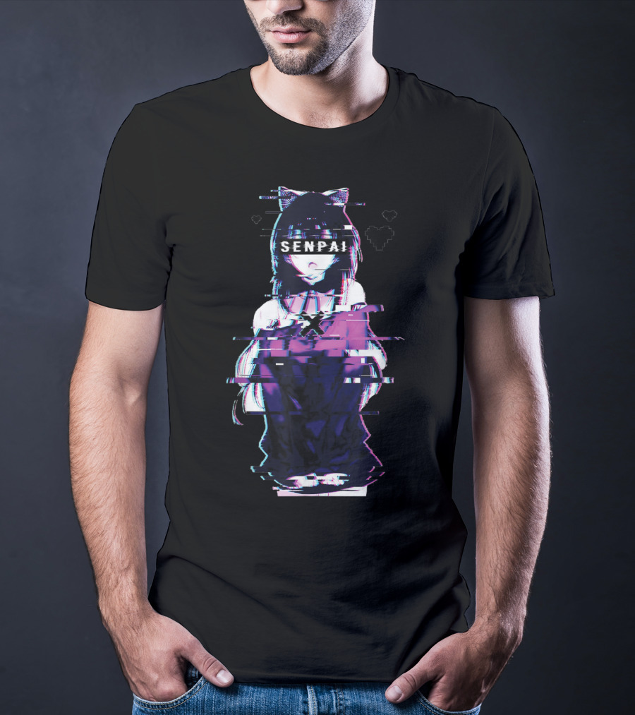 Japanese Anime Senpai Cat Girl Glitch Art Notice Me Senpai T-Shirt