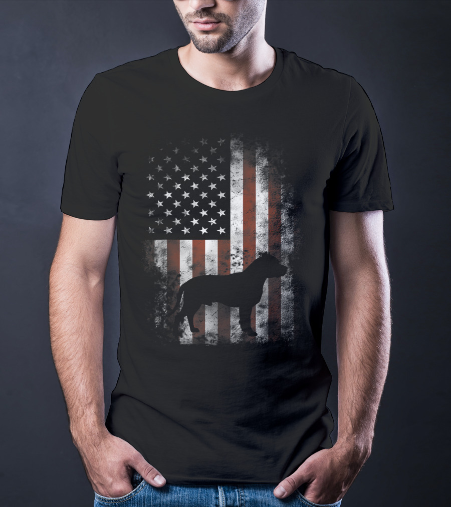 American Pitbull Terrier Silhouette With American Flag Patriotic T-Shirt